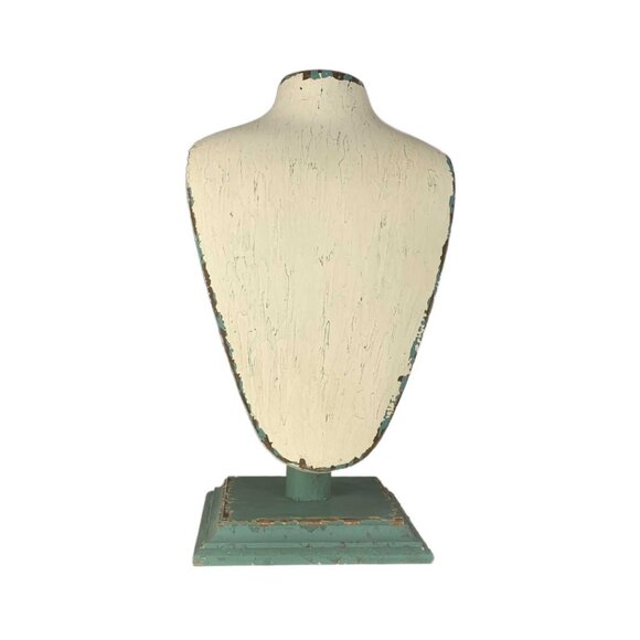 Necklace Jewelry Display Bust Stand Vintage Distressed Chipped Paint Teal White - Picture 3 of 10